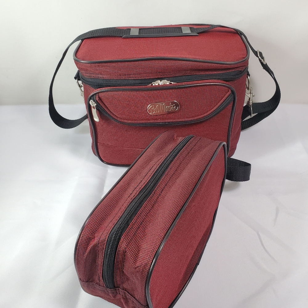 Bob Mackie 2 pc. Cosmetics Travel Bag Red Makeup Case w/ Mirror Zippered Cases